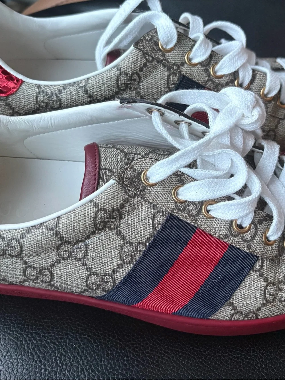 Gucci Beige GG Canvas Sneakers with Red & Navy Stripe
